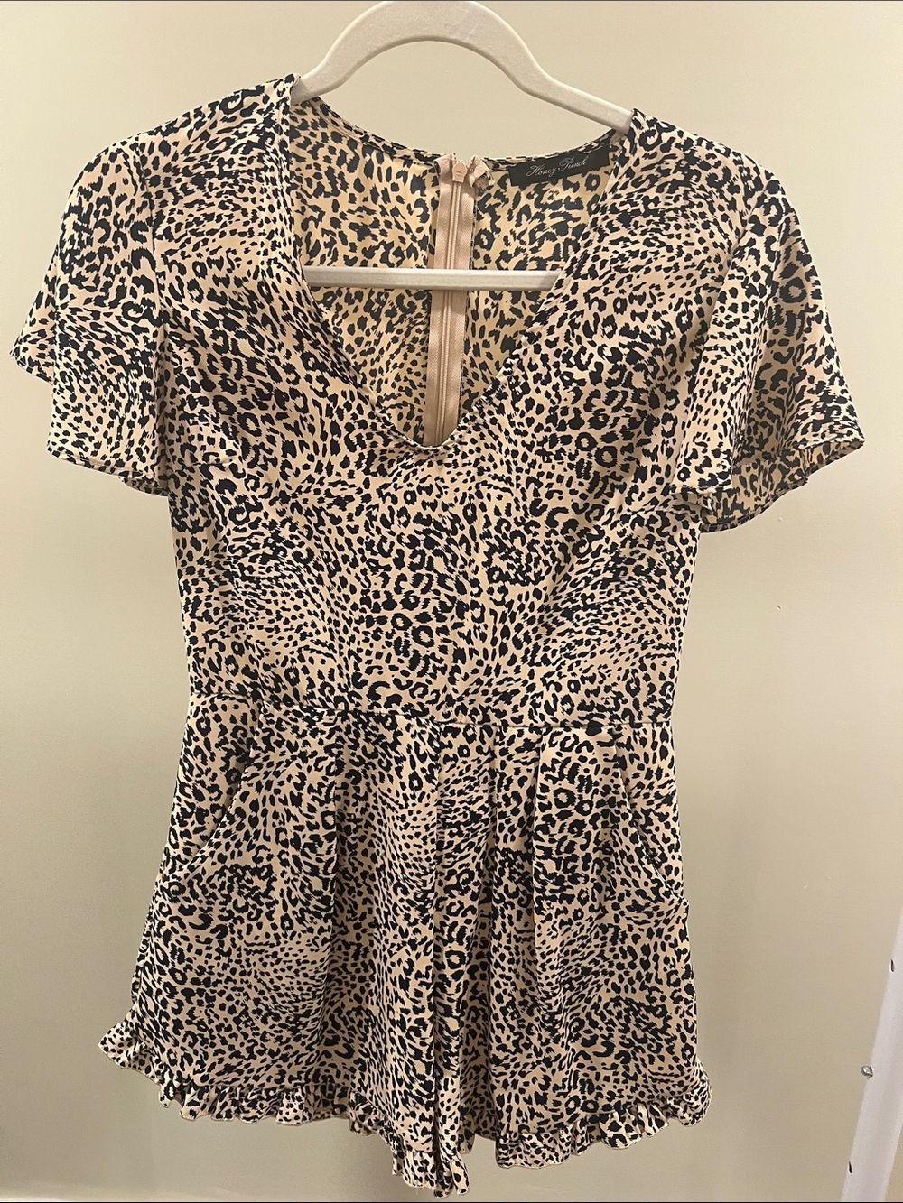 Honey Punch Beige and Navy Leopard Print Romper
